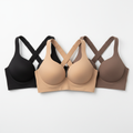 Plus size seamless wireless push up bra with thick cross-back straps in black, nude and beige