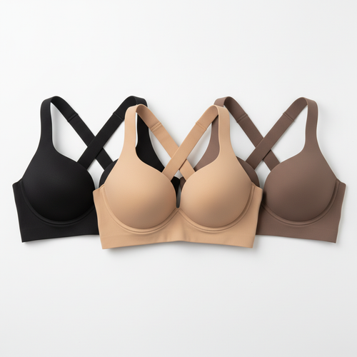 Plus size seamless wireless push up bra with thick cross-back straps in black, nude and beige